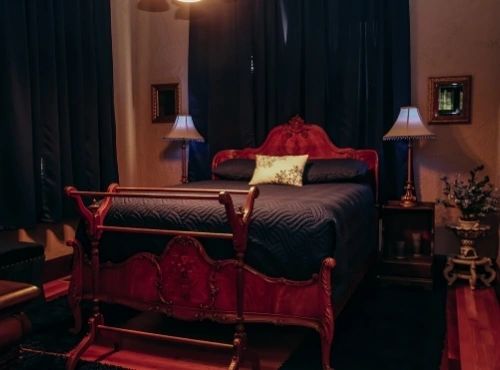 A bed room with a red and black bed
