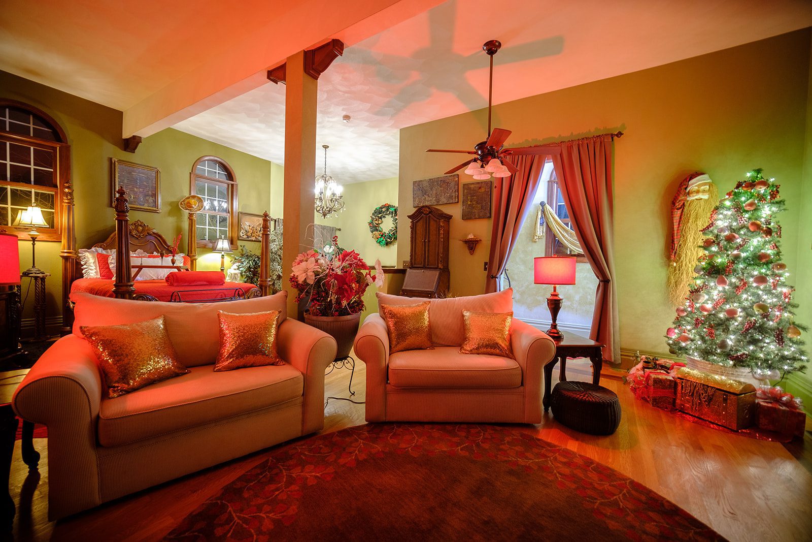 A living room with two couches and a table